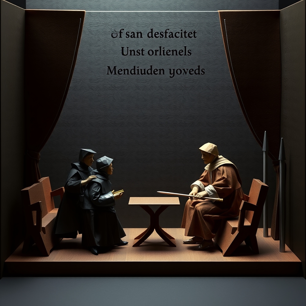 Generate me an oil painting of a staged medieval scene in the style of artists of the Dutch Golden Age. The lighting of the painting should be dark, similar to how Rembrandt paints. The colors should be muted and realistic for a painting from the 1600s.3
