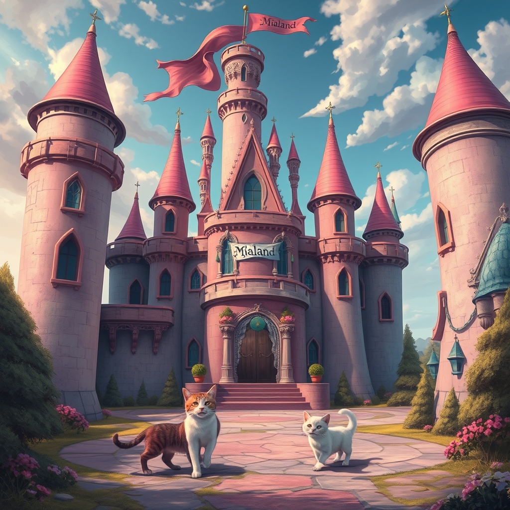 یک قلعه بزرگ زیبا که بعضی جاهاش رنگ صورتی و آبی دارد و یک پرچم دارد که نوشته است میالند و در آن قلعه ۴ گربه وجود دارد و آن قلعه خیلی زیبا است  0