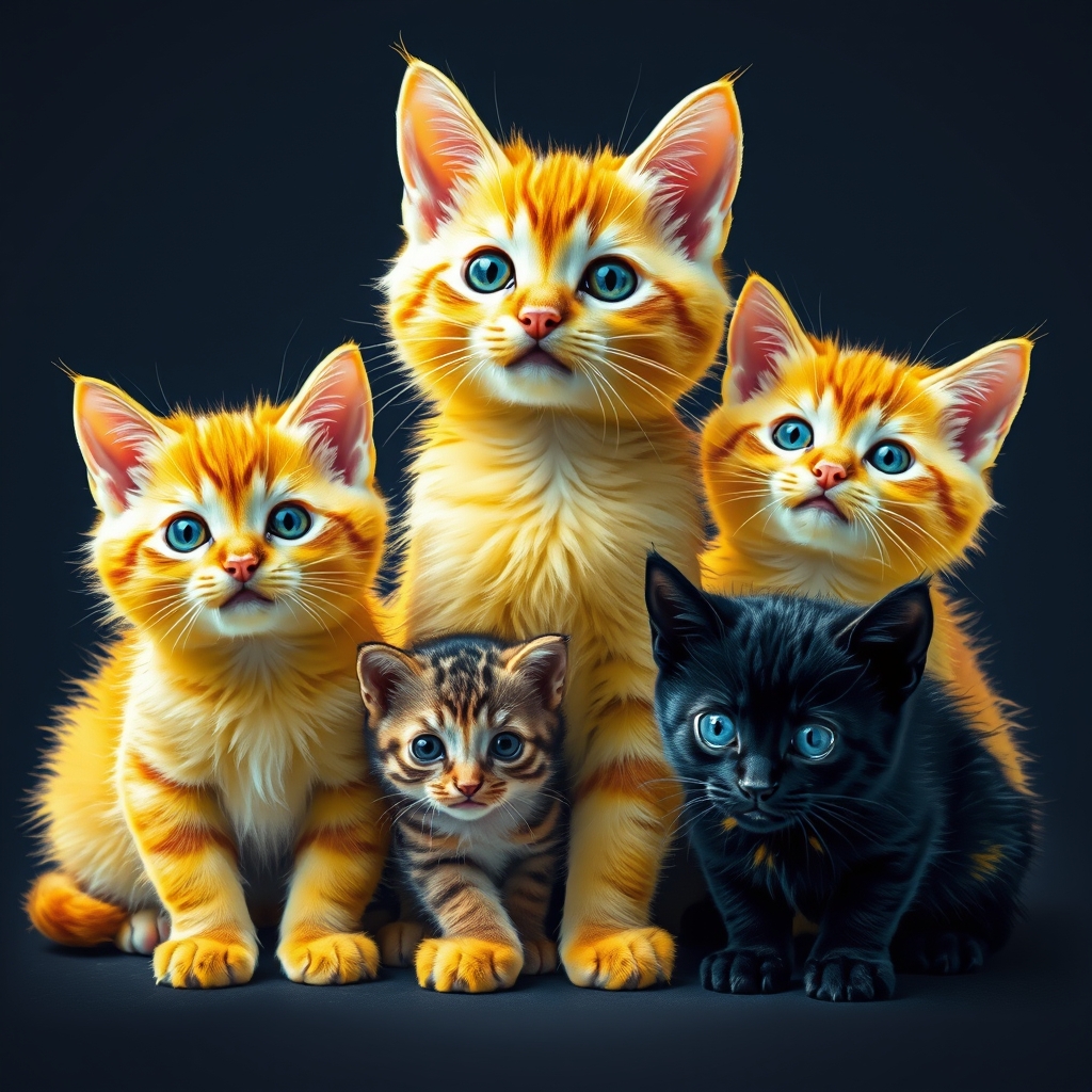 گربه 🐱  زرد ناز با دو تا با یه  گربه شبیه خودش  و یه بچه گربه شبیه بابای بچه گربه بابای بچه گربه ها مشگی باشه و یه بچه گربه با رنگ سیاه با خال زرد 5