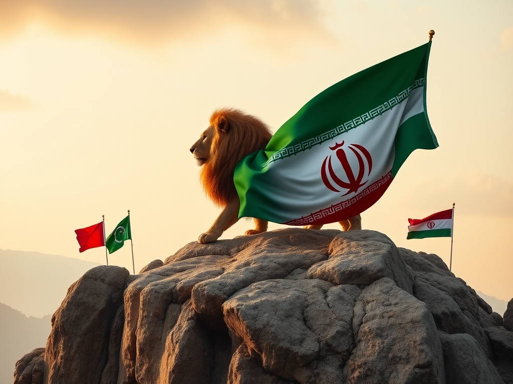 یک شیر بر روی کوه با پرچم ایران که کشور های مثل عربستان براش زانو زدن1