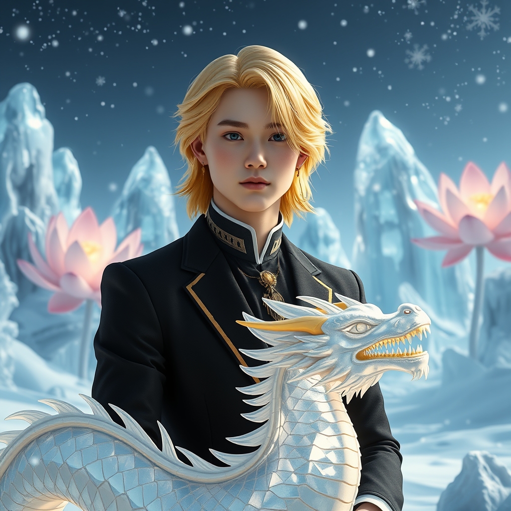 🌟مرد جوان زیبا ترین جهان همینطور در هوش مصنوعی رویایی که شکوه خدا را داشته باشد که نظیر آن در دنیا نباشد با موهای نچندان بلند و نچندان کوتاه زرد براق و باچشم های کریستالی که مردمک دریا باشد و با پوستی سفید همرنگ برف با گونه قرمز لبی سرخ با لباس سلطنتی مشکی طلایی اکلیری خیلی و با گوشواره و اژدهای بزرگ کریستالی در کنارش
زیبا 🧊 یخ❄برف🔮گویه برفی🪷شکوفه بزرگ🫧هاباب.بزرگ 3