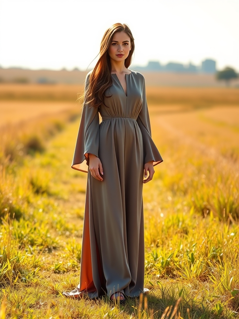 ملکه مهرسا در دشت ۱۸ ساله با پیراهن مجلسی با آستین های گشاد و باز و با کفش پاشنه بلند با موها ی بلند قهوه ای درخشان با چشم های قهوه ای درخشان 0