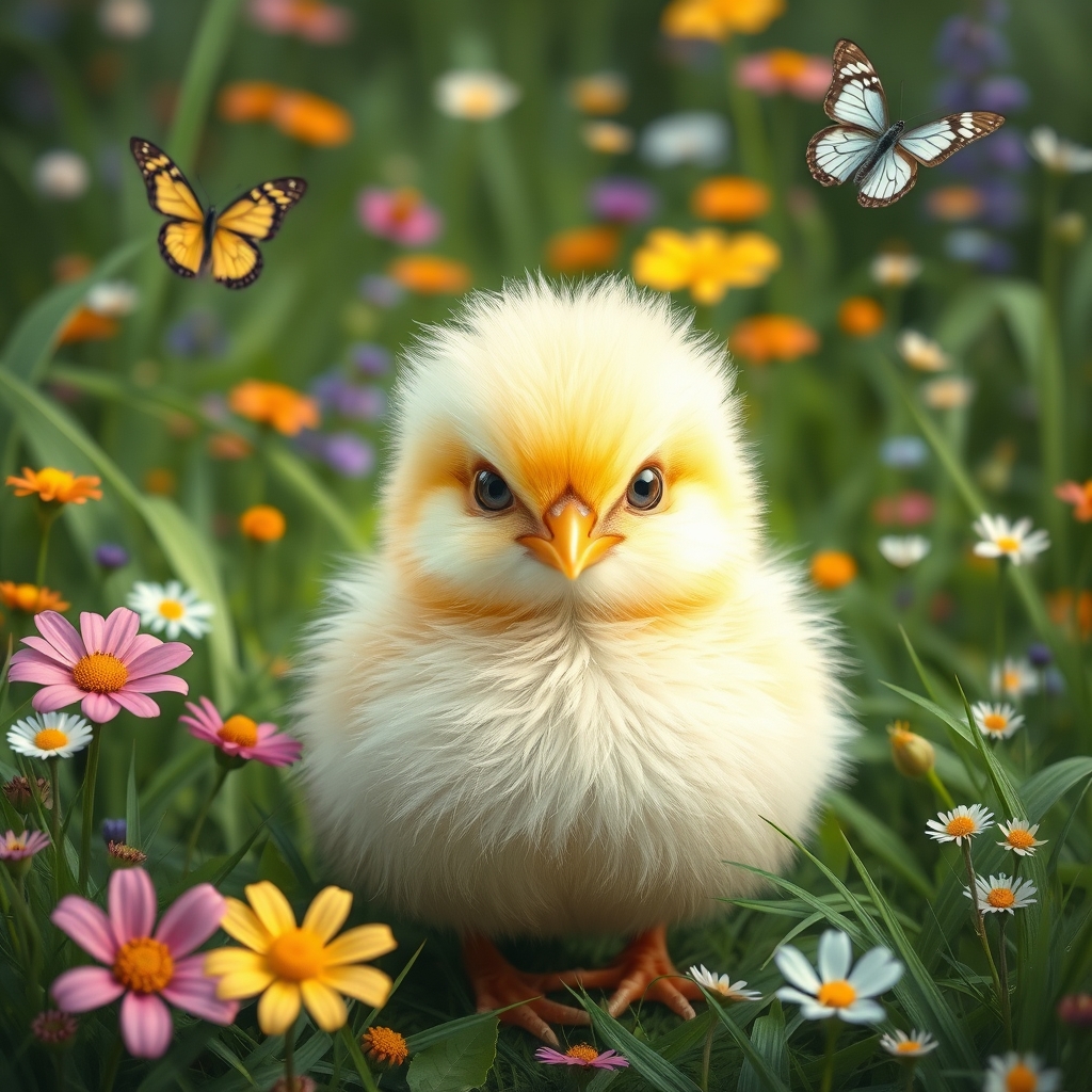 یک جوجه گوگولی پر از پر و پف دار در وسط طبیعت که پر از چمن و گل و پروانه است با چشمان ناز و واقعی1