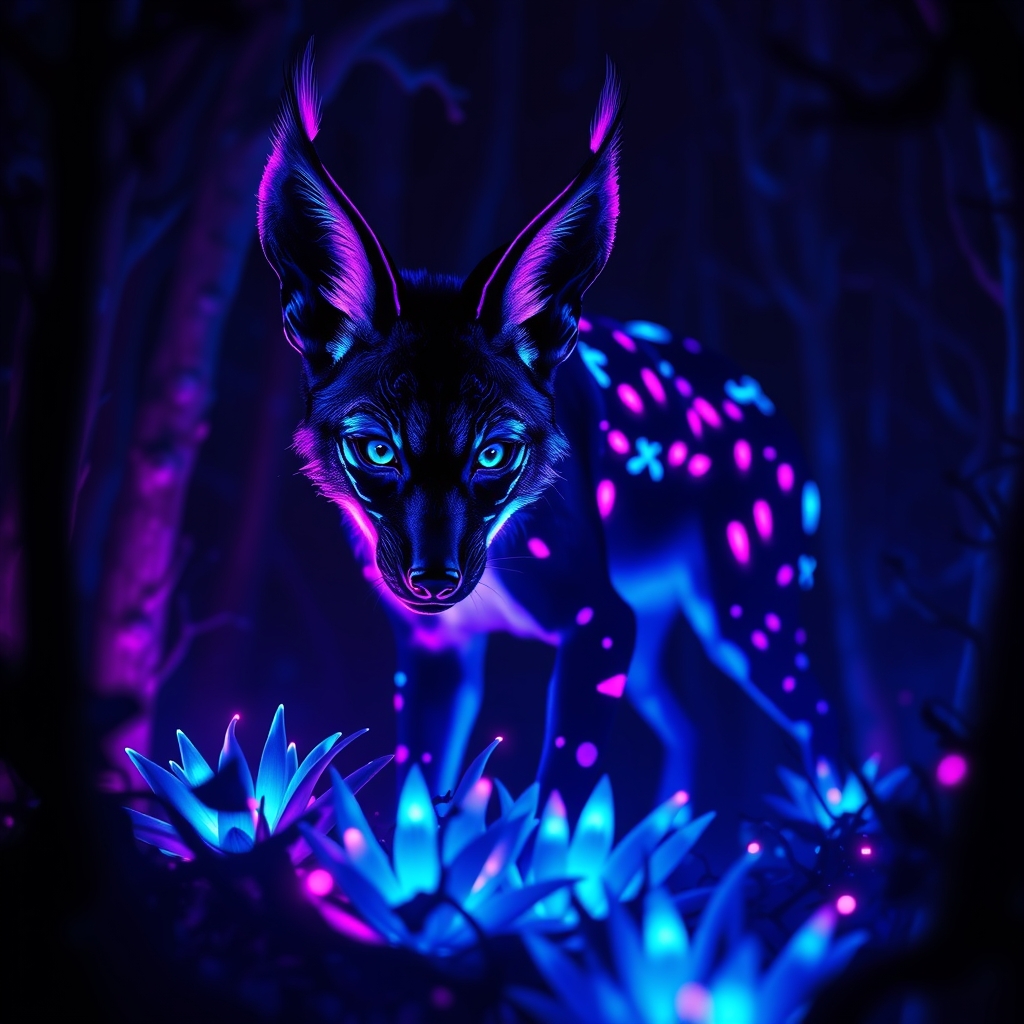 یک شوغال نئونی ( به رنگ ابی سیاه بنفش صورتی) درخشان در جنگلی تاریک، احاطهشده توسط گیاهان شبتاب.3