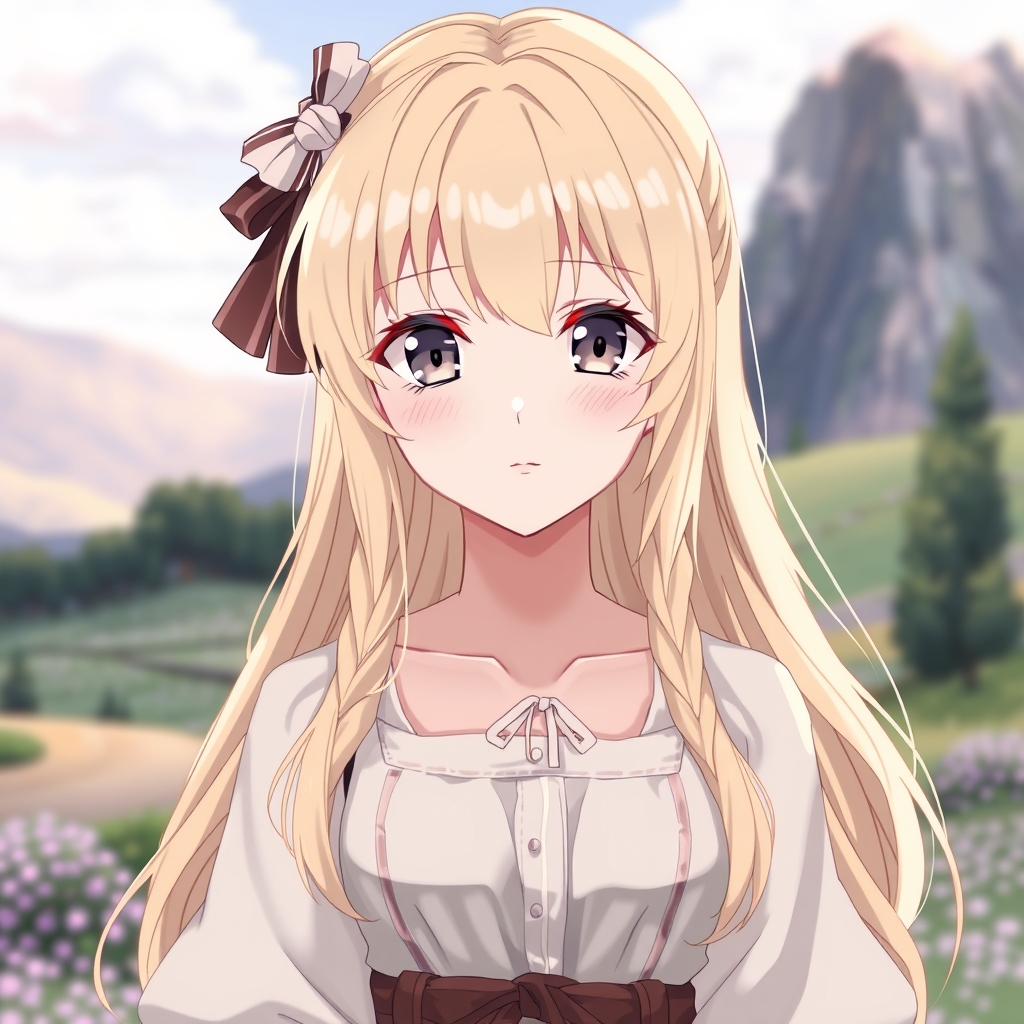 دختری خیلی زیبا و رویایی با چشمانی خاکستری و موهایی بلوند و صورتش شفاف و سفید با لباسی زیبا در یک منظره زیبا18