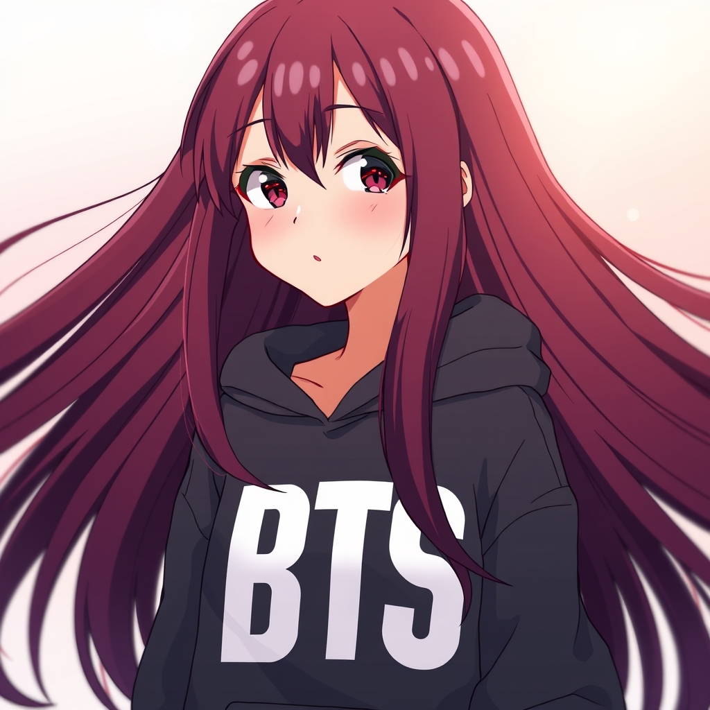 دختری خیلی زیبا با مو های رنگ شرابی خیلی بلند
هودی تنشه  که روش نوشته BTS 0