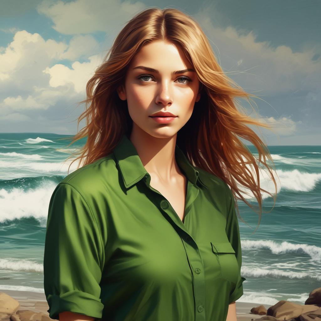 تصویر دختری با موهای قهوه ای کمرنگ چشمان سبزعسلی در کنار دریا با پیراهنی قرمز و زیبا با پوستی سفید19