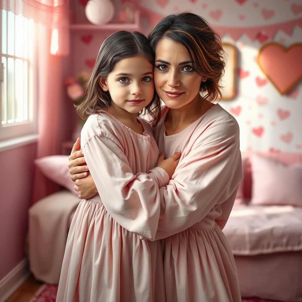 دختر بچه ی چشم قهوه‌ای که بغل مادر اش است مادر هم چشم قهوه‌ای است توی یک اتاق صورتی قلبی خوشگل 😍😍😍1