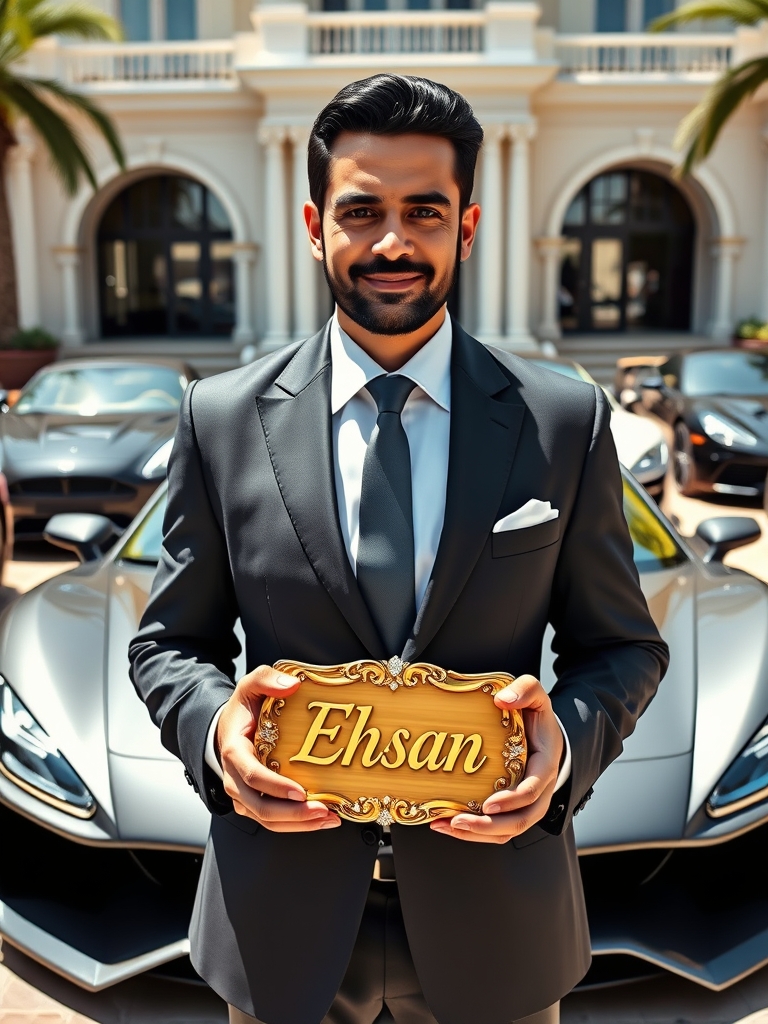 من ( مرد سفیر پوست چشم رنگی با کت شلوار ) خیلی پول دار شدم در ویلایی لوکس بزرگ که پشتم کلی ماشین میلیارد دلاری است و کلی دوست پولدار با کت و شلوار کنارم هستن و تابلویی در دست دارم که از طلا و الماس خیلی با ارزش ساخته شده و روی آن نوشته احسان و این عکس توی روز باشد 20