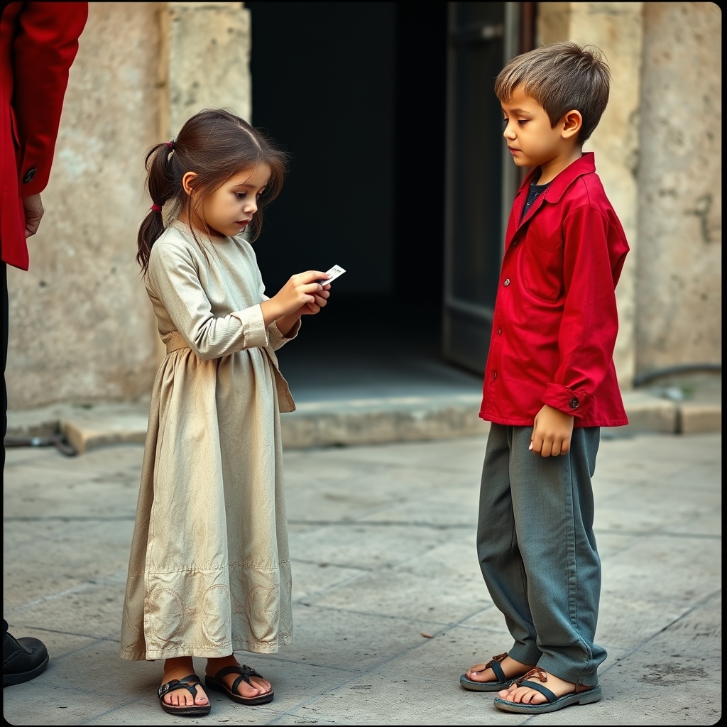 دختر  و پسر فقیری که لباس های نازک و پاره پوشیده اند و از مردی که کت و شلوار قرمزی پوشیده است تقاضای پول صد تومنی میکنند


20