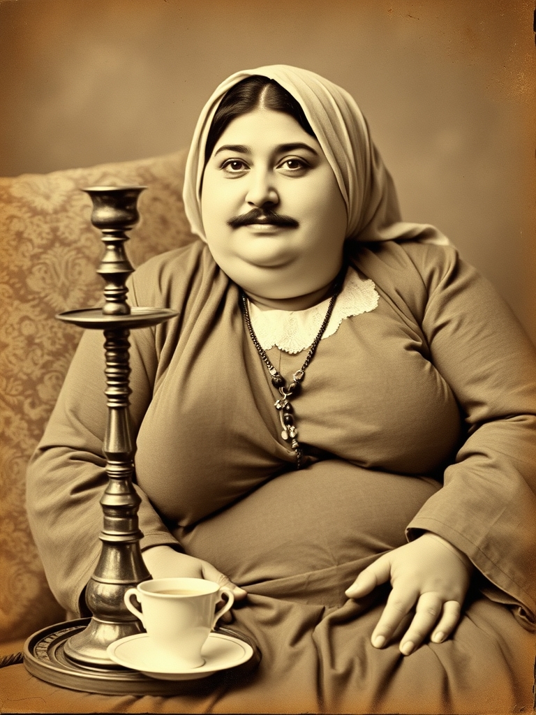 یه تصویر قدیمی و وینتیج از سوگلی ناصرالدین شاه قاجار ، زنی چاق با صورتی گرد که پشت لبش کمی مو دارد و به پشتی تکیه زده و قلیان و چای جلوی او باشد 4