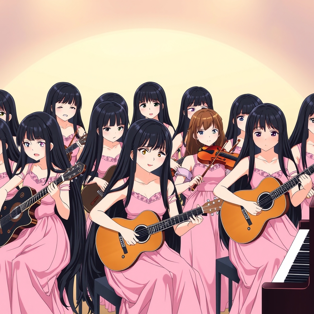 سه قلوها ، موسیقی ، یه گروه ارکستر که پر از نوازنده های موسیقی است که تعدادی گیتار می نوازند🎸 و تعدادی ویولن می نوازند 🎻و یه نفر پیانو می نوازد🎹  و که همه ی آنها دختر هستند و لباس های شبیه هم و صورتی مانند پرنسس ها پوشیده اند و موهای خیلی بلند و مشکی دارند2