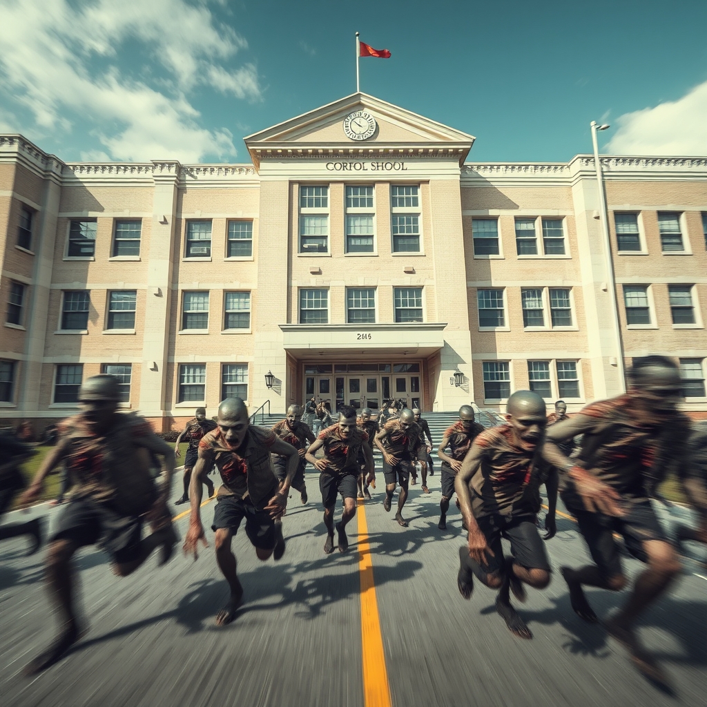 زامبی‌هایی که از یک مدرسه‌‌ی سالم و بزرگ با سرعت فرار می‌کنند8