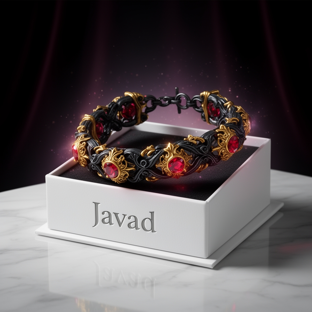 دست بندی با رنگ های مرموز سیاه . طلایی و قرمز ، در جعبه ای سفید که روی آن دستبند نوشته شده Javad5