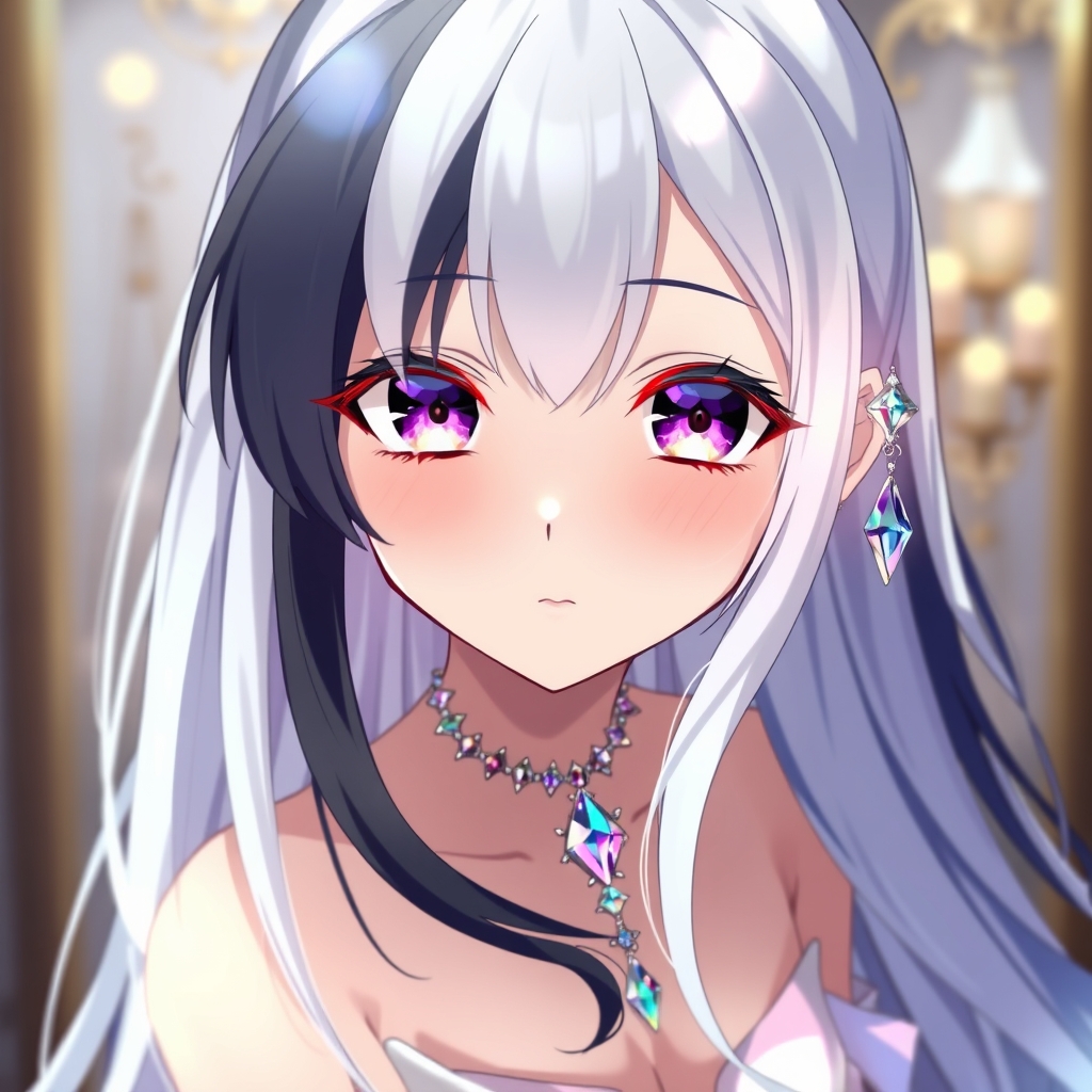 یک دختر که نصف موهایش سیاه است و نصف موهایش سفید استو خیلی بلند است و چشم های🔮🔮🔮🔮🔮🔮🔮🔮🔮🔮🔮🔮 او این شکلی است و یک گردنبند و یک گوشواره دارد و از الماس های 🧿🧿🧿🧿🔮🔮🔮🌀🌀🌀🌈🌈🌈💎💎💎💎💎💍💍💍💍👑👑👑👑🪙🪙💰💰💰🪞🪞🪞 این شکلی ساخته شده است و لباس 👗👗👗👗👗👗👗👗👠👠👠👠دارد 23