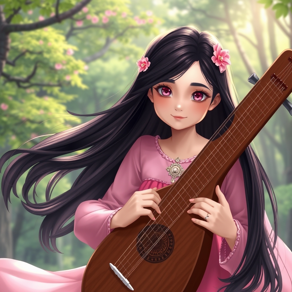 عکس یه دختر که درحال نواختن سنتور است و مو های مشکی و بلند دارد و مو های او باز است و چشم های صورتی دارد و لب های سرخ و لبخندی ملایم دارد و لباس او صورتی و دامن دار مانند پرنسس ها است و روی مو های او گلسری به شکل گل صورتی است و پشت سر او جنگلی زیبا است و سنتور او قهوه ای است 19