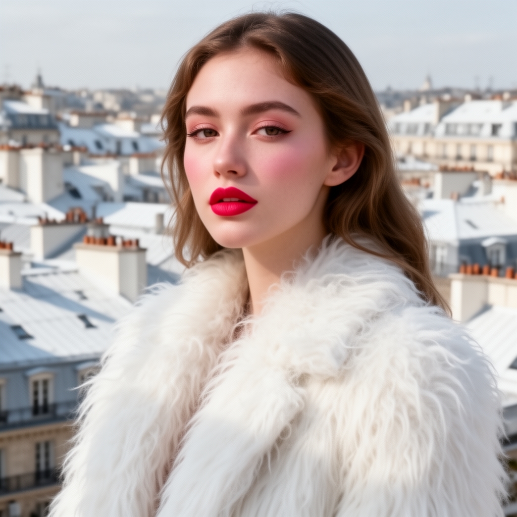 دختری ۱۹ساله زیبا با لب ها صورتی ملایم لپ سرخ زیبا بالباس سفید خزه پشم بلند پفدار در شهری زیبا باموهای سفید خیلی خیلی زیبا آرایش زیبا 4