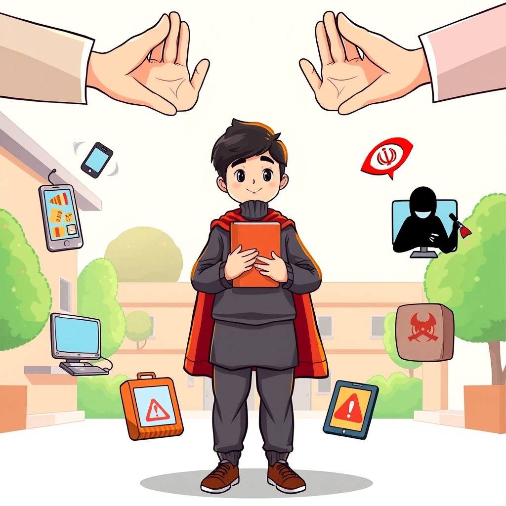 "Create a colorful, cartoon-style illustration for Iranian elementary school students. Show a brave Iranian student (10–12 years old) standing confidently in the center of the image, holding a book of knowledge and self-confidence close to their chest. Around the student, draw various social harms common in Iran as symbolic cartoon illustrations: a mobile phone with distracting apps, a computer with unsafe websites, cigarettes or drugs shown with a red warning sign, a scary shadow figure representing bad or criminal friends, and a tablet showing harmful content.
Above the student, draw three big protective hands symbolizing the support of parents, teachers, and education, shining with warm light. Show the student creating a protective bubble of awareness and good choices around themselves, blocking the social harms with determination.
The environment should look like an Iranian schoolyard with positive, bright colors. The whole artwork should be friendly, educational, and suitable for children."0
