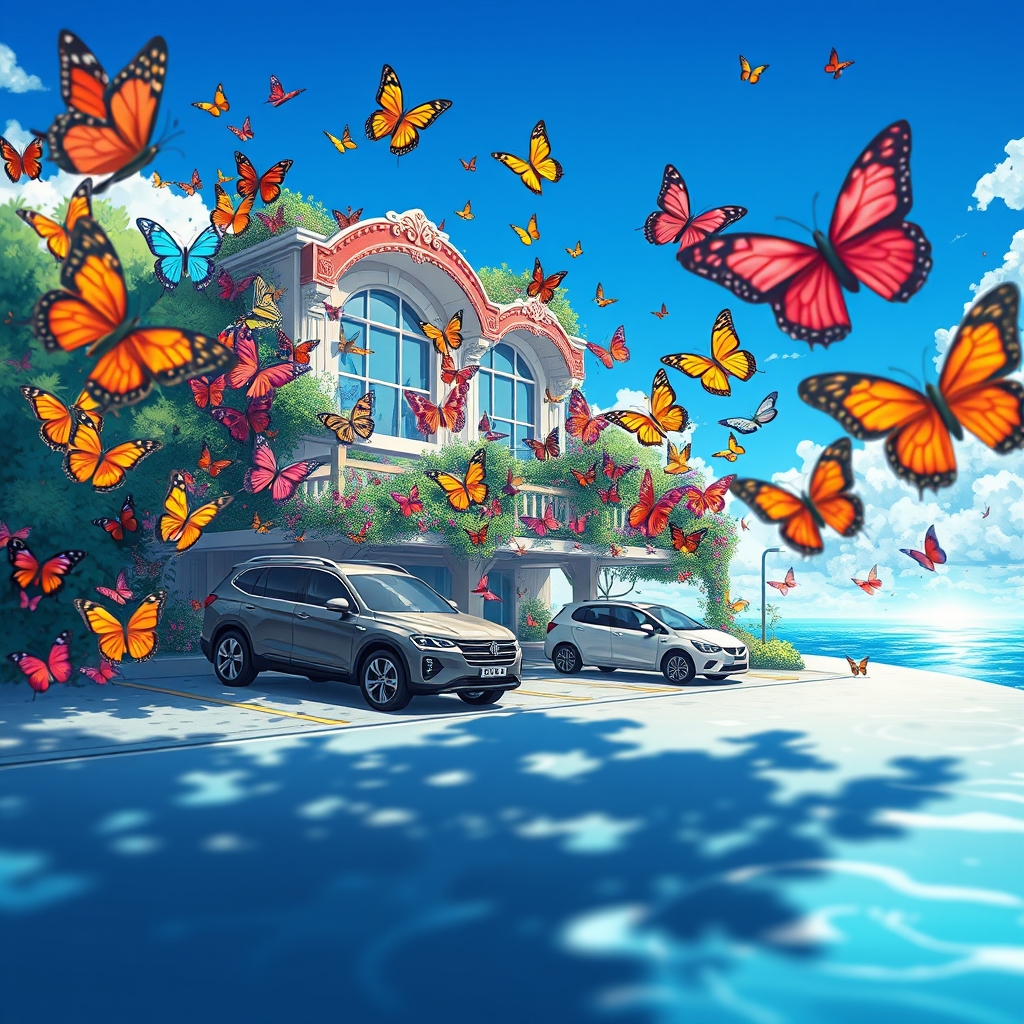 یک ساختمان زیبا ودورش پروانه های رنگارنگ باشد و یک پارکینگ ودو ماشین شاستی بلند MVM در کنار دریا
16