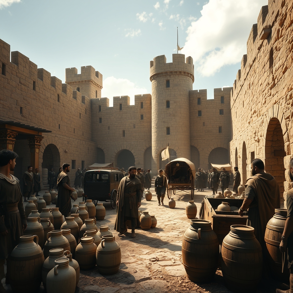 قلعه باستانی فادوو با مردم باستانی سرباز و بشکه و کوزه وکالسکه باستانی11