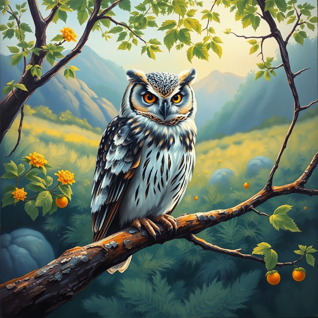 یک جغد  زیبا و با رنگ های کمیاب در طبیعت زیبا بر شاخه ای نشته است به سبک نقاشی رنگ روغن 5