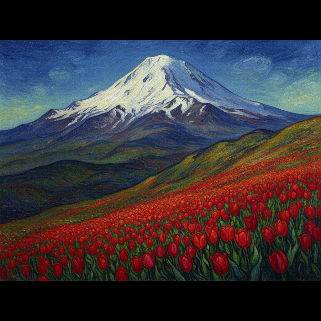 کوه دماوند که قله آن پر از برف است و سطح زمین پر از گل های لاله قرمز به سبک پست امپرسیونیسم 2