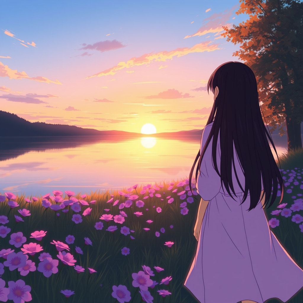 دختری با موهای بلند مشکی و لباس یاسی رنگ که هنگام غروب خورشید در دشت گل های بنفشه و در کنار دریاچه قدم میزند 1