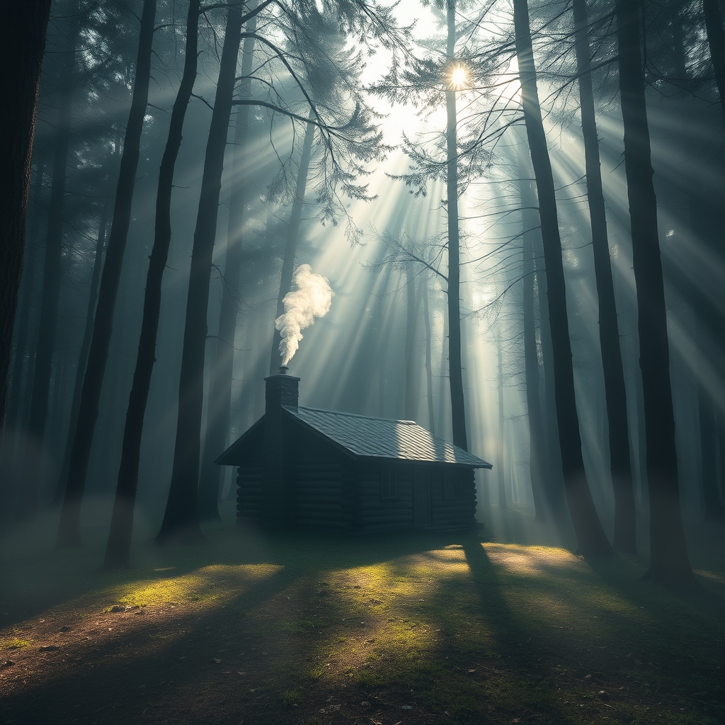 "در دل جنگل مه‌آلود، کلبه‌ای چوبی با دود ملایم از دودکش، در سکوت طبیعت پنهان شده است. نور خورشید از میان شاخه‌ها نفوذ کرده و نقش‌های خیالی بر زمین انداخته است."22