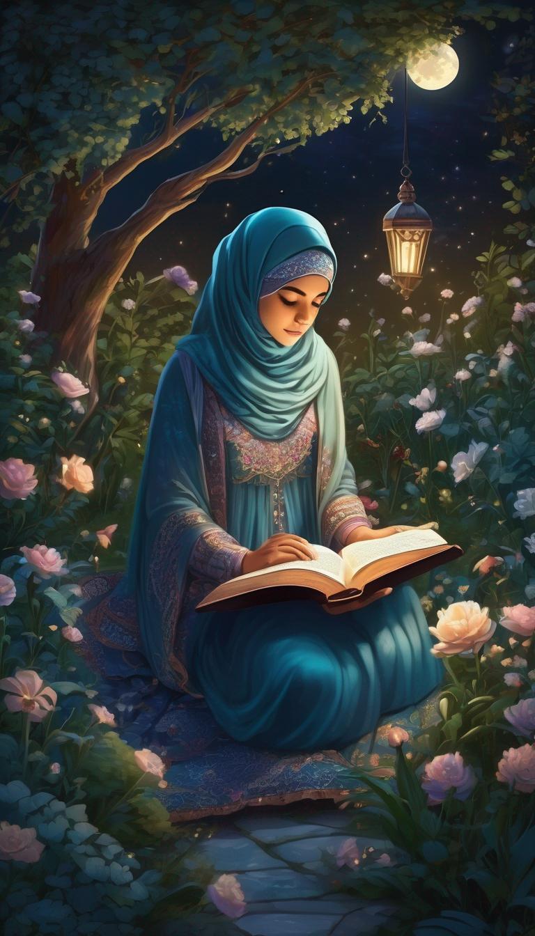 A Muslim girl in a full hijab reads the Bible in the dark of night under the moonlight in the middle of a beautiful garden.18
