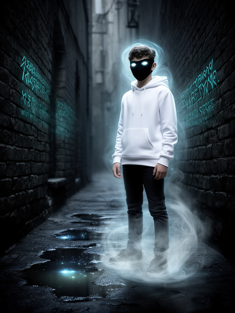 از یک پسر بزرگ که هودی سفید پوشیده با یک ماسک سیاه در کوچه تاریک است0