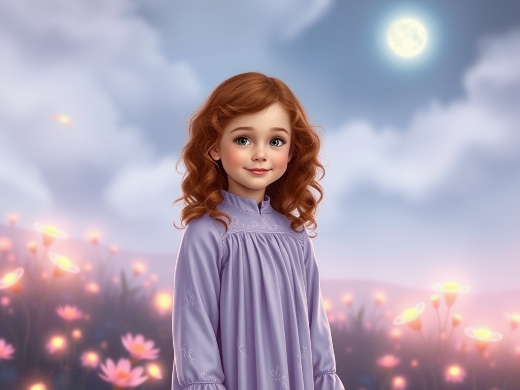 دختر بچه ای با لباس بنفش کم رنگ و موهای فر بلند به دوربین لبخند می‌زند 1