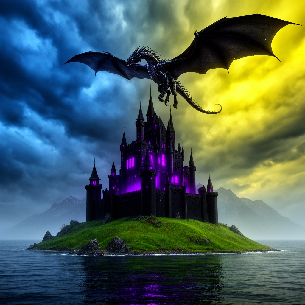 یک خانه قصری توی یک جزیره قصر به رنگ سیاه و بنفش پشت قصر کوه هایی هستند که خوب دیده نمی شوند جلوی قصر دریا هست و چمنو ...
در آسمان یک اژدهای سیاه هستو آسمان ابری وسیاه وزرد0