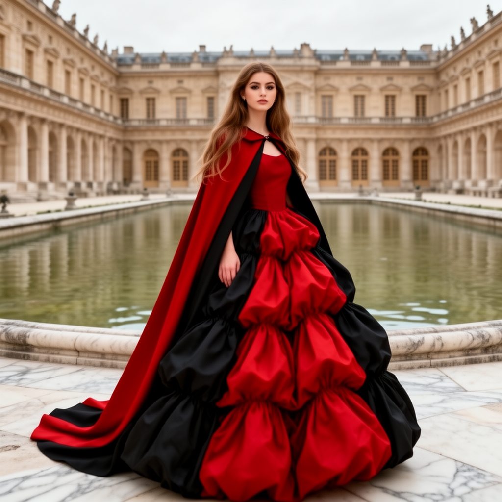 دختری۱۹ساله با شنل قرمز مشکی لباس قرمز مشکی بلند پفدار ارایش زیبا موهای بلند قهوه ای روشن در قصر بزرگ که دورتادوران اب 4