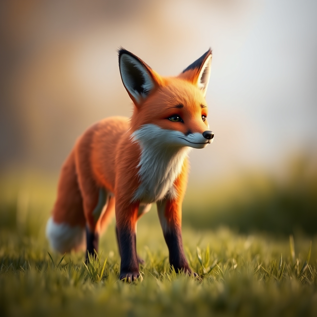 The image shows a fox with a reddish-brown fur, standing in a grassy area with its ears perked up, looking to the side. The background is blurred, emphasizing the fox as the main subject.1