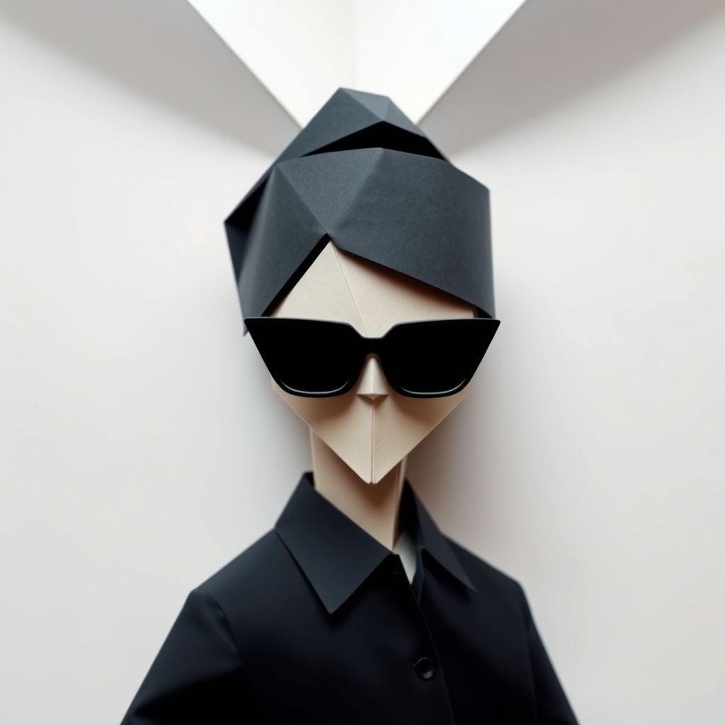 In the image, a person is wearing a black button-up shirt and a pair of sunglasses, with their hair styled in a neat bun. The background is plain and light-colored.9