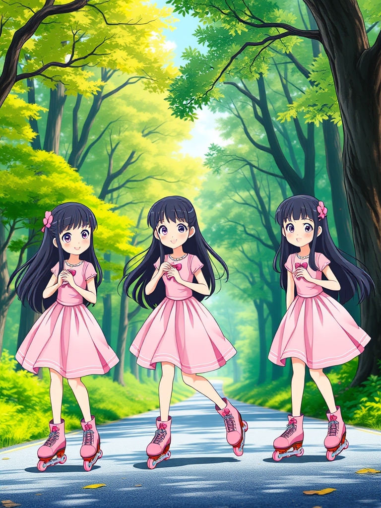 سه قلوهای اسکیت سوار ، کفش اسکیت ، سه تا خواهر سه قلو و شبیه هم که کفش اسکیت پوشیده اند و در حال اسکیت سواری هستند و مو های بلند و مشکی دارند و لب های سرخ و لبخندی ملایم دارد و لباس هر سه تاشون صورتی و براق و دامن دار مانند پرنسس ها است و پشت سر آنها جنگلی زیبا است و کفش اسکیت هر سه تاشون صورتی است و چشم های هر سه تاشون صورتی است6