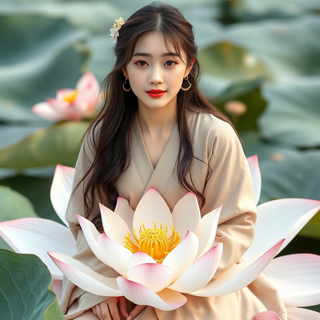 یک دختر۲۰ستله کره ای بسیار زیبا نشسته روی یک گل نیلوفر دریایی بزرگ1