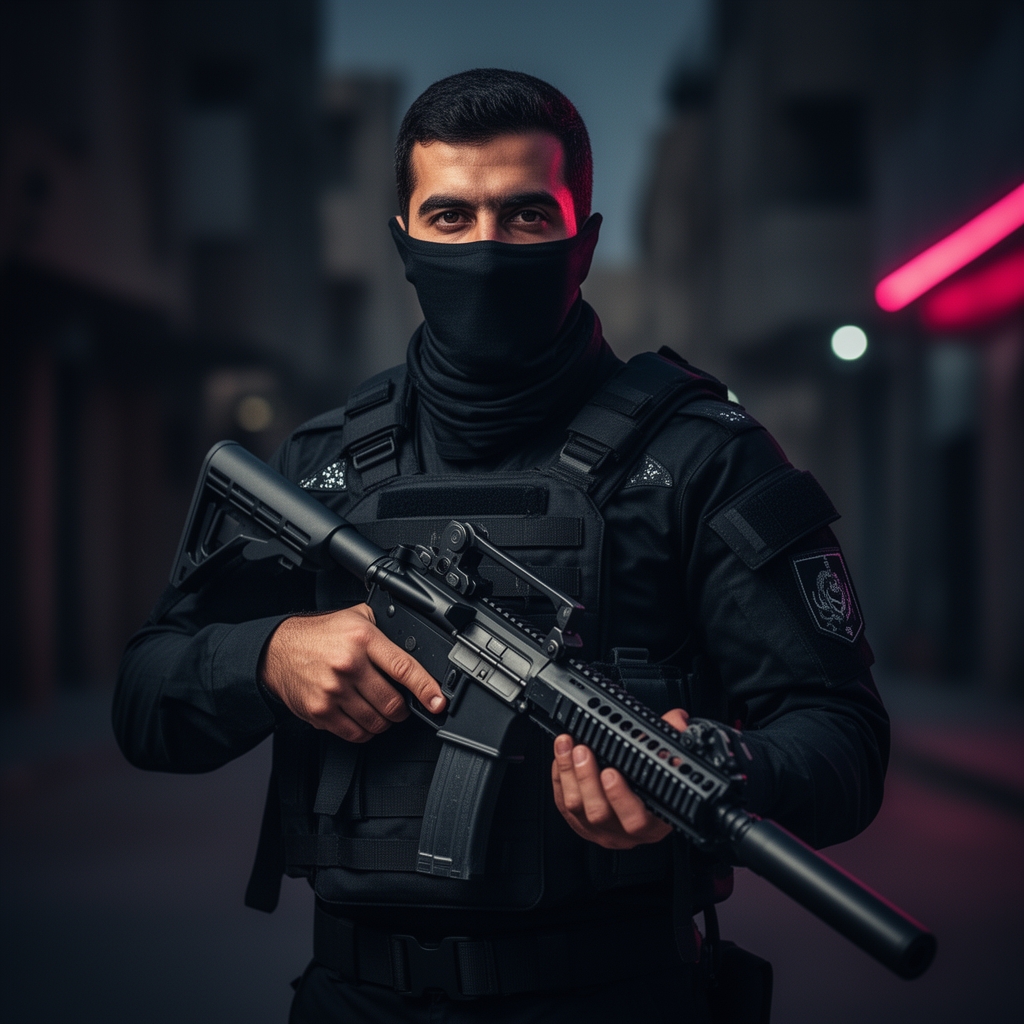 تصویر سرباز ارتش ایران ویژه با لباس ارتشی سیاه صورت پوشونده شده با تفنگ ویژه0