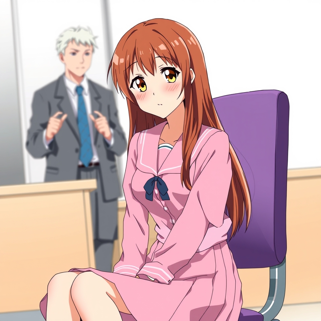 دختری با لباس مدرسه ژاپنی صورتی روی صندلی نشسته است و لیخال است و مدیر داره دعواش می‌کنه 
چشمانش عسلی و موهای بلند خرمایی 13