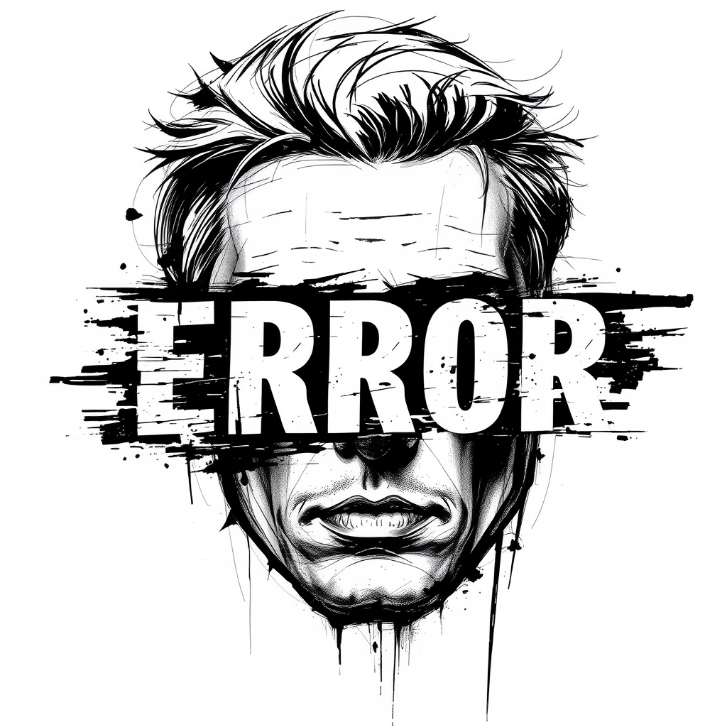 An abstract, glitch-art style portrait of a male head in black and white, composed of chaotic scratch lines, ink strokes, and fragmented digital textures. Across the face, bold distressed typography reading "ERROR" (or "ERROR 404") is integrated into the glitch effect, partially obscuring facial features. The design feels raw, fragmented, and dynamic, with a sense of digital malfunction and distortion. Minimal background, high contrast, fine art and cyberpunk-inspired.1