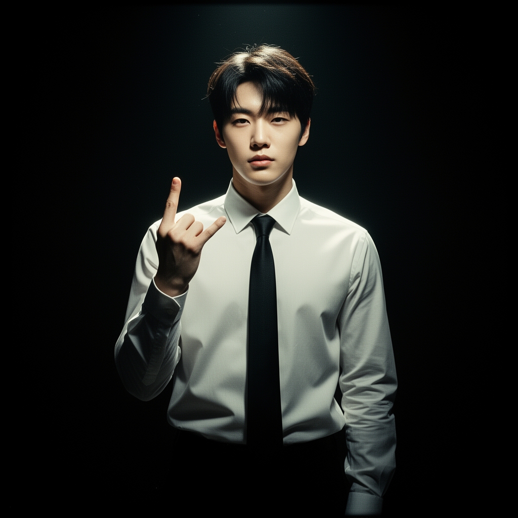 یه پسر کره ای خفن جذاب با پوست سفید با پیرهن سفید و کروات مشکی کره ای در پس زمینه ای تاریک در حال نشان دادن انگشت وسط و بلند دست 🖕 با دو تا دست 4