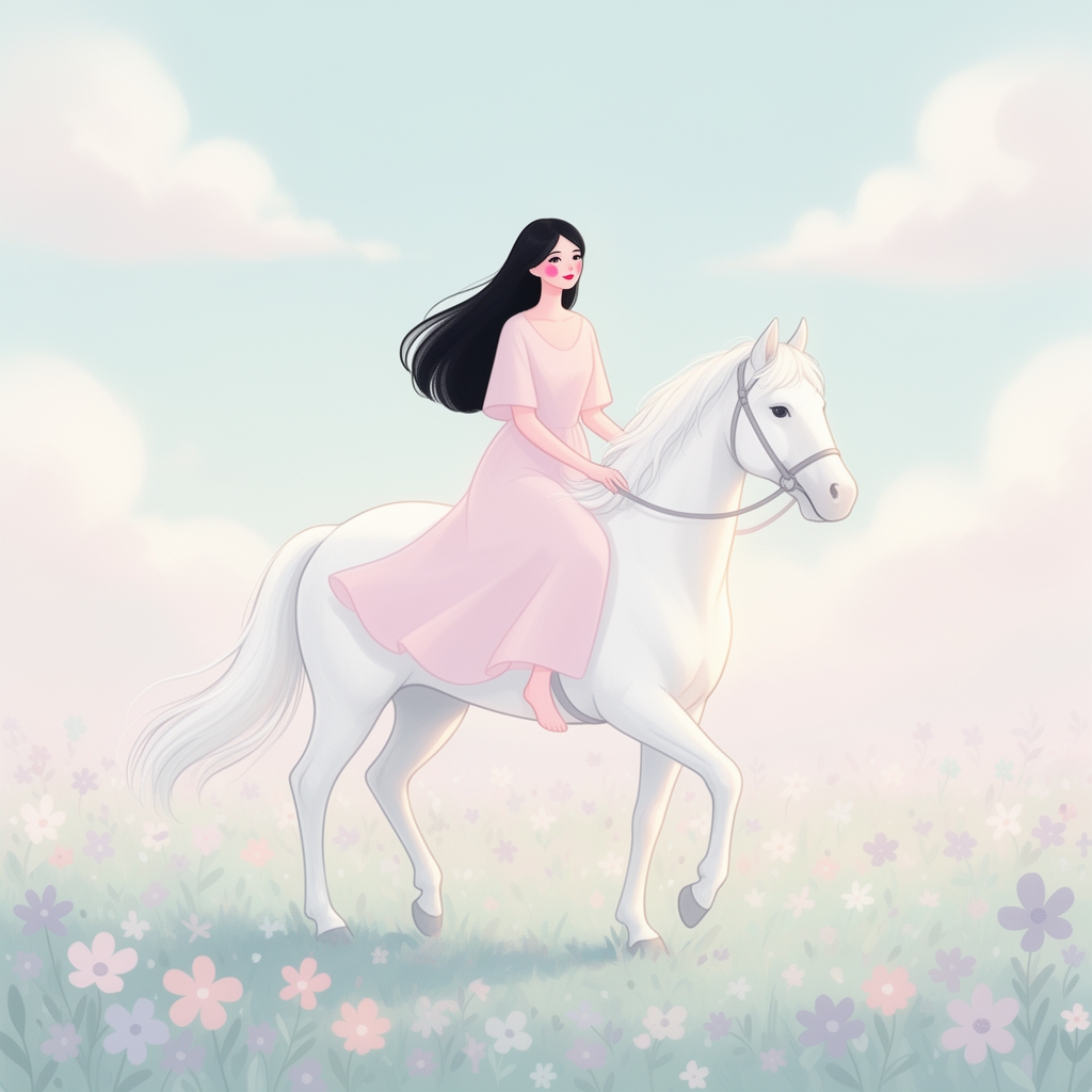 تصاویر سازی 
دختری که روی اسب سفید است 
دختره بزرگ و خوشگل باشد با موی بلند مشکی لب صورتی گونه های صورتی داشته باشد 


همه جا رنگ پاستیلی داشته باشد 3