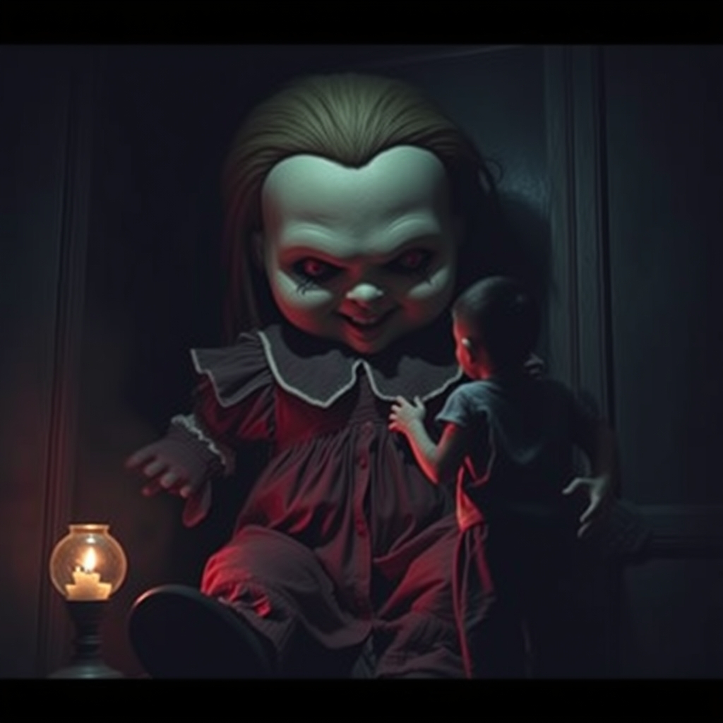 یک عروسک بزرگ ترسناک توی اتاق تاریک که داره یک بچه رو می ترسونه 4
