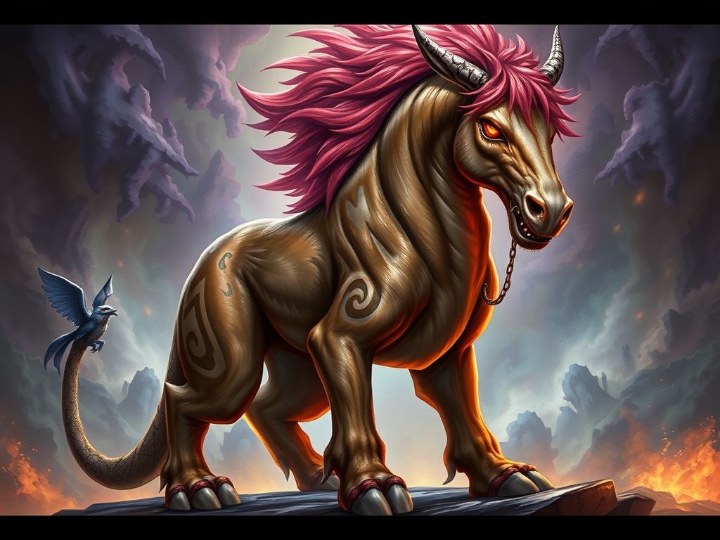 عکس شیر با سر اسب دم شکل مار سر اسب پولی الاغ چشمان قرمز دندان ادم0