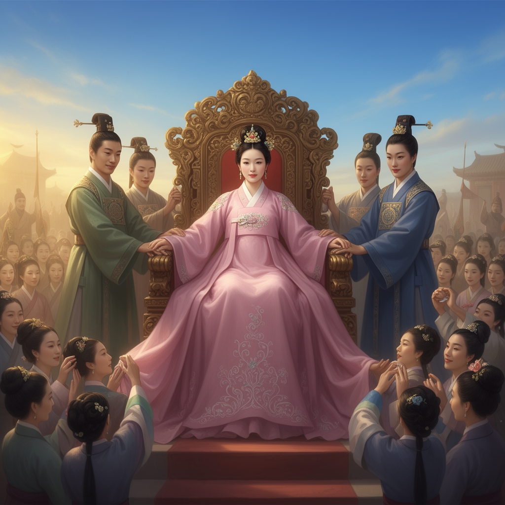 یک دختر کره‌ای که در زمان قدیم زندگی میکند و همسر امپراطور است با لباس زیبای صورتی در تخت روان خود نشسته و کارگرانش او را می‌برند وهوا بسیار عالی وآبی هست و مردم بر او تزیین می کنند 0