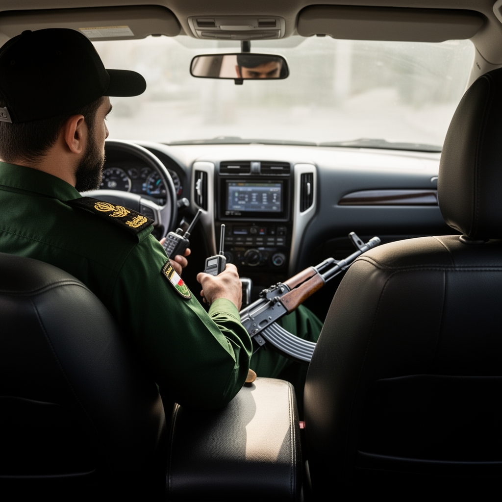 عکس نظامی با لباس بسیج ایران داخل ماشین صندلی جلو با اسلحه کلاش و بیسیم 
از صندلی عقب عکس گرفته باشد0