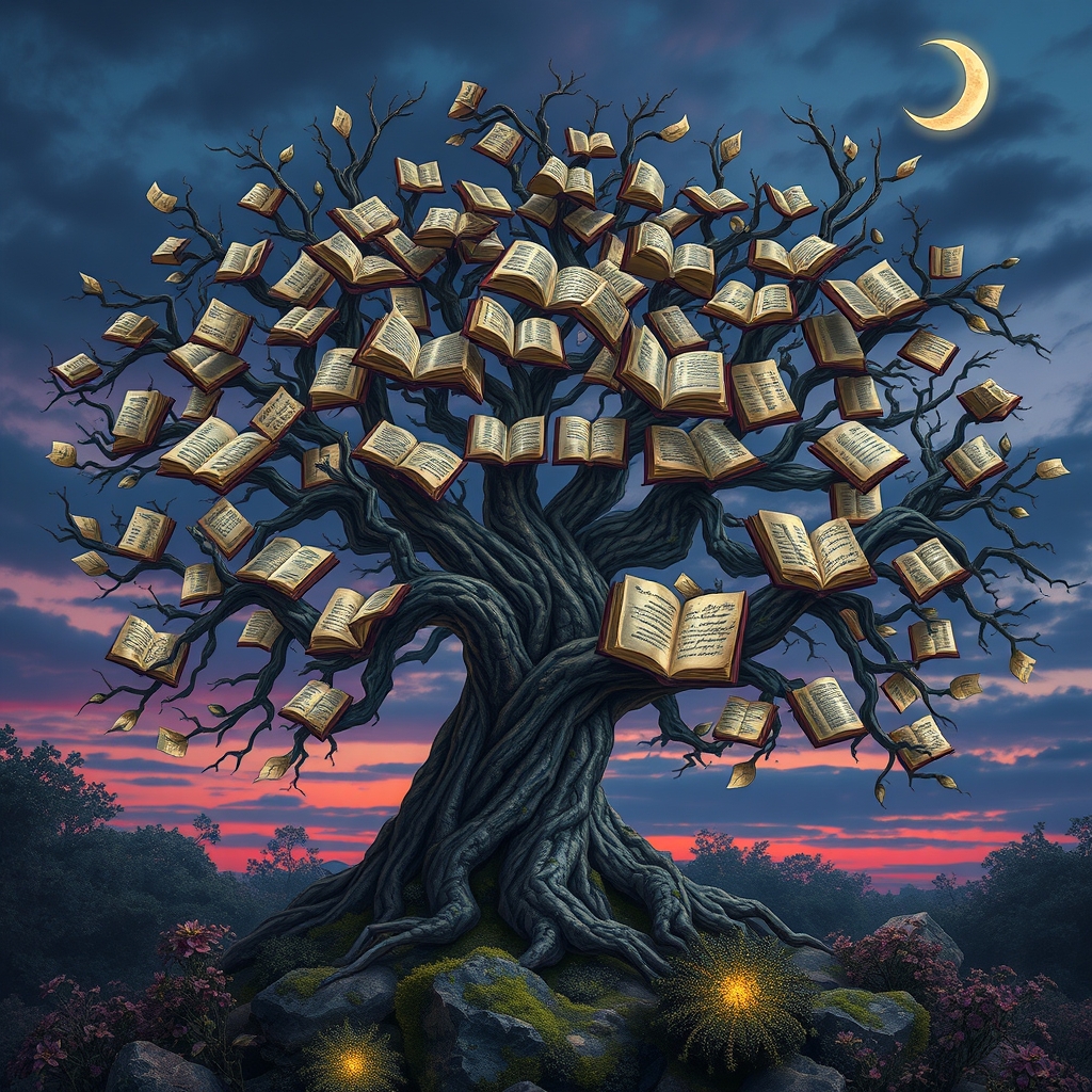 عکس درخت فانتزی که برگ های ان کتاب ها هستند. 
4