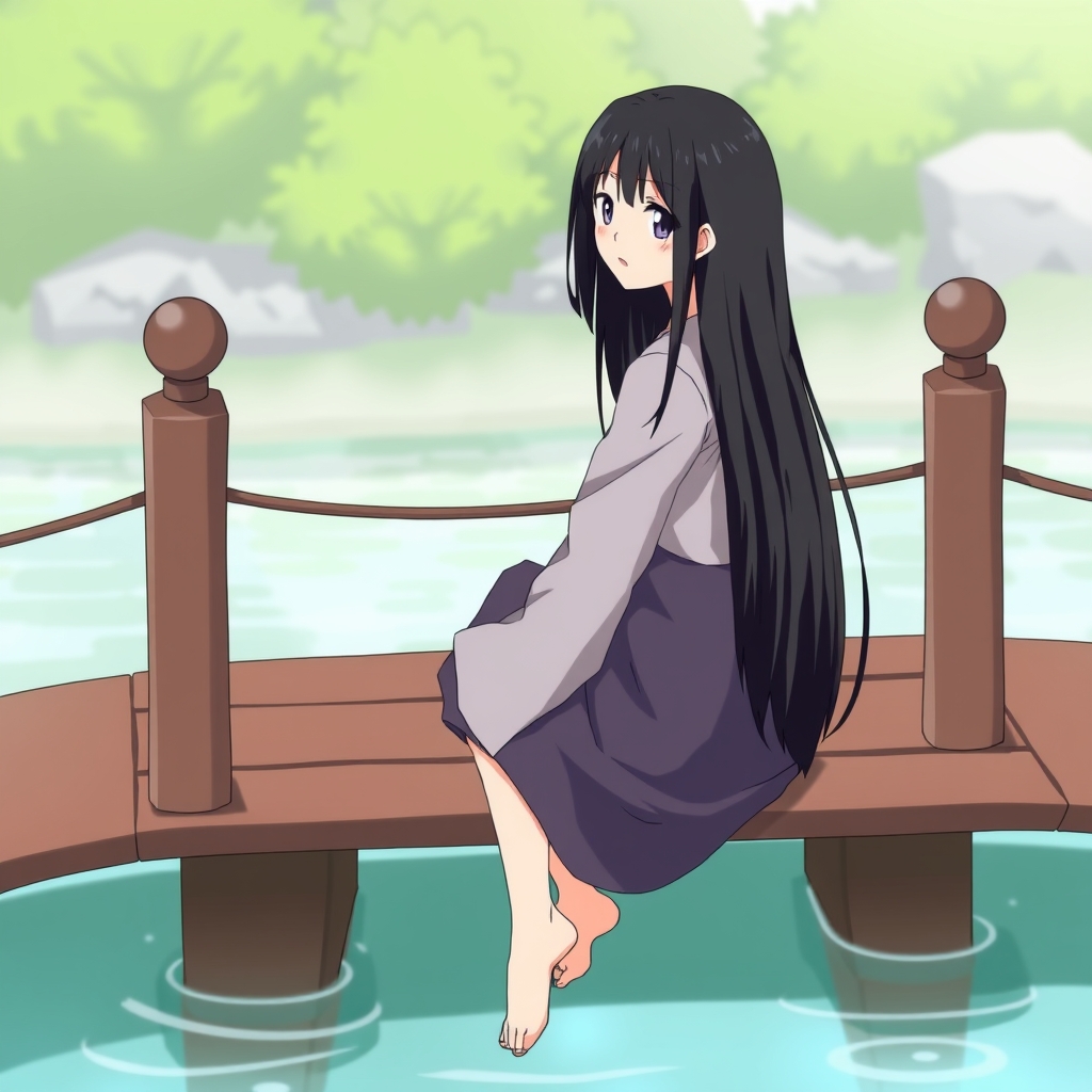 دختری با مو های بلند مشکی و صاف که بر رو ی پلی که روی آب است نشسته است
19