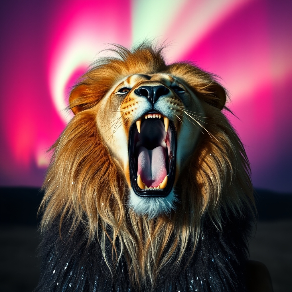 یک شیر قدرتمند با خز کریستالی‌شکل، غرش‌کنان زیر آسمانی روشن از شفق قطبی.9