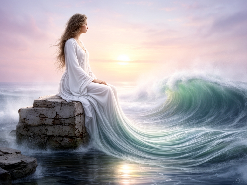 بانویی سفیدپوش که کنار ساحل دریا روی تخته سنگی نشسته و موهای بلند او به درون اب دریا رفته و تبدیل به موج دریا شده4